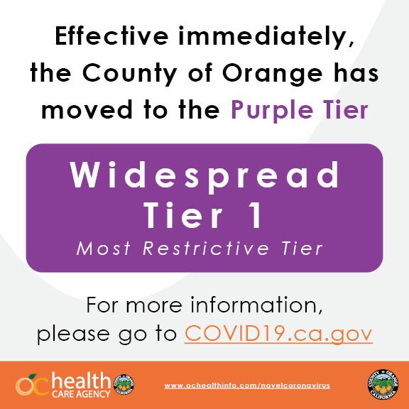 ochealth's tweet photo. Press Release: State of California Moves County of Orange to More Restrictive Purple Tier Effective Immediately; Residents, Businesses and Events Must Comply Within 24 Hours. Read more here: https://t.co/1KlxgqXCVN #OCCOVID19 #PurpleTier #OC https://t.co/vRDKcDLFtg