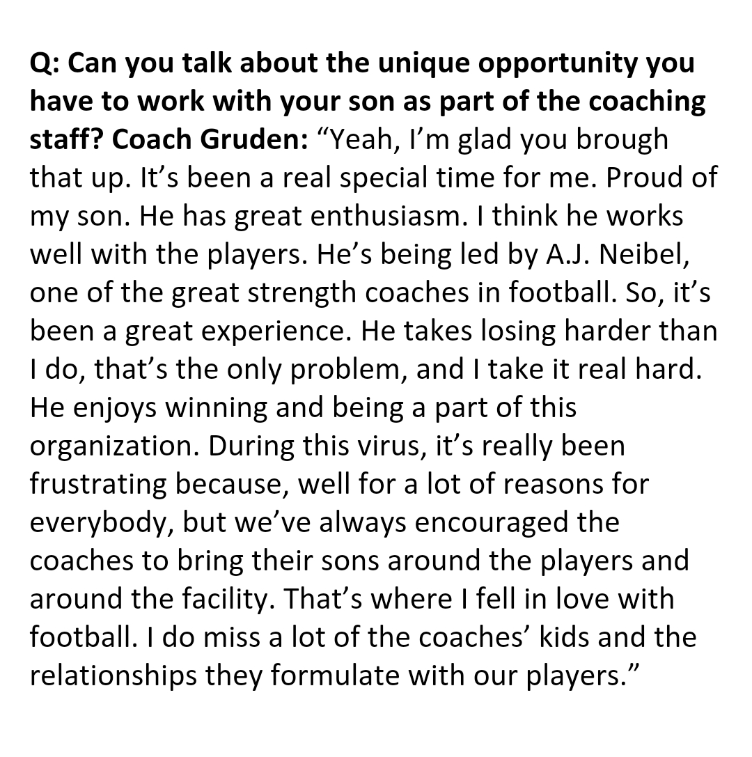 WillieGRamirez's tweet photo. #RaiderNation
During today's Zoom sesh with media, I asked #Raiders coach Jon Gruden how special it is to have his son Deuce on the coaching staff, for an upcoming project. His reply: https://t.co/G6ZLf71UU4