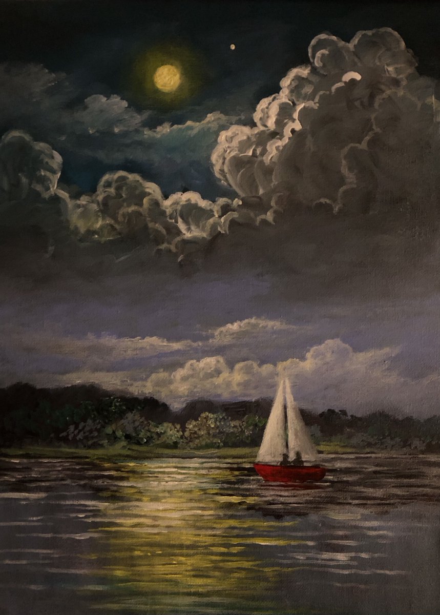 Together We Sail, 16 x 12".  Adrift in the stillness of a moonlit night, sailors drift along absorbed in their own world of dreams.  Dedicated to my good friend Halis Ösaydeniz.