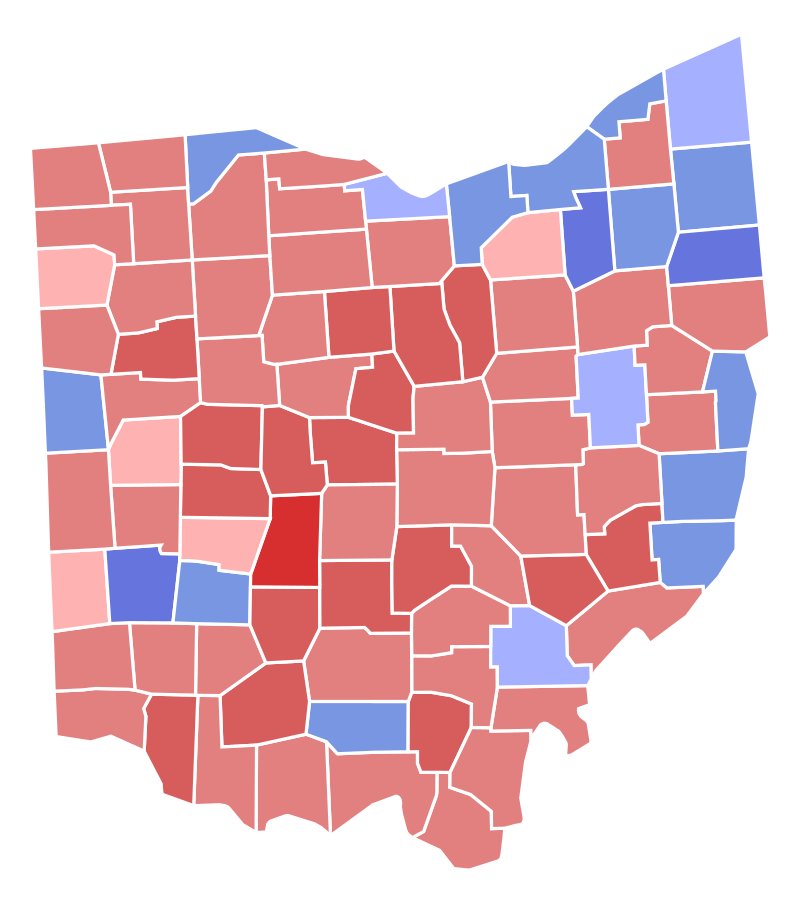Next up is Ohio, but they don't have any data I could use, so here's the Wikipedia map. Ohio's been not good with historical data, so yeah blame Ohio. Anyway, Former Republican Governor Jim Rhodes barely unseated Democratic Governor John Gilligan here by about 11,000 votes.