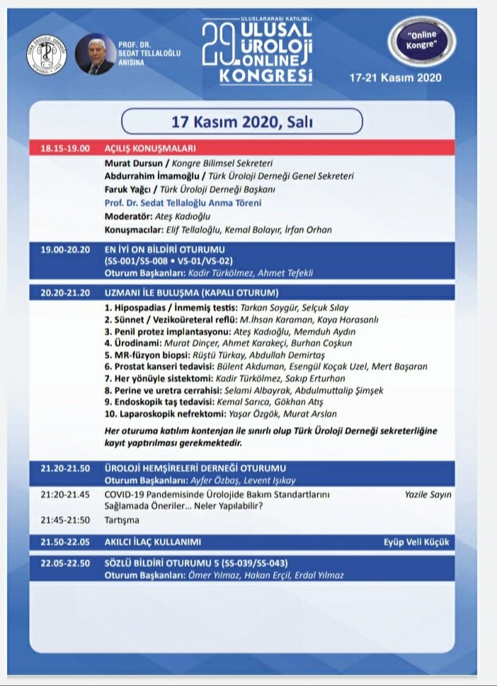 29. Ulusal Üroloji Online Kongresi 1. Gün Programı 

#uroturk2020