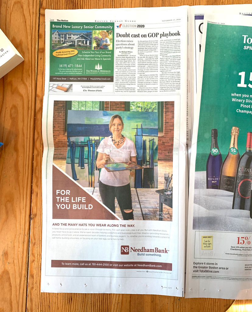 cbrufo's tweet photo. Sunday Boston Globe, page A10! Behind me you see one of the paintings from my "Piers" series. 

With many thanks to @LindaFarley5 once more for tapping me for the @NeedhamBank ad campaign! 

#bostonartist, #needhambank #hometownbank #abstractedlandscape #capecod #piers https://t.co/PR6rbDToBi