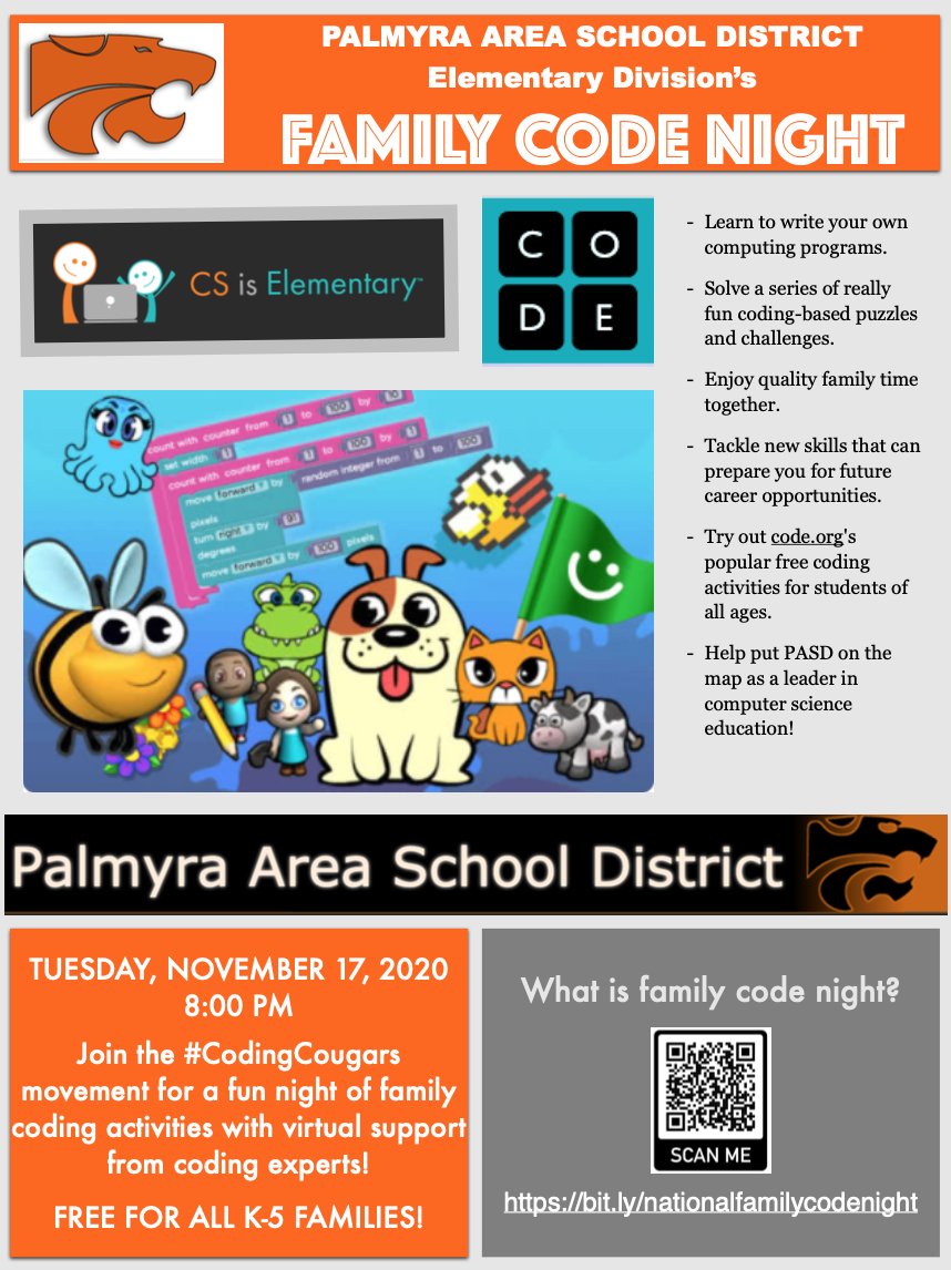 StemPasd's tweet photo. Please join us for our first PASD Elementary Family Code Night on Tuesday, November 17 at 8pm! https://t.co/Mn3pIIUHub