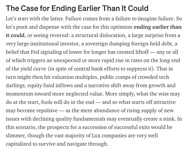 15/ EXCERPT: "...The Case of it Ending Earlier Than it Could...Let’s start with the latter. Failure comes from a failure to imagine failure. So let’s posit and dispense with the case for this optimism ending earlier than it could, or seeing reversal: