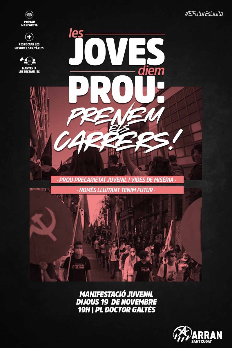 💡MANI JUVENIL - A Sant Cugat, les joves diem PROU!

❌ Perdem feines que ja eren precàries.
❌ Ens prohibeixen els espais d'oci i l'educació en el lleure.
❌ Ens dificulten l'accés als estudis. 
❌ No ens permeten emancipar-nos

📆 DIJOUS a les 19h - Pl. Doctor Galtés