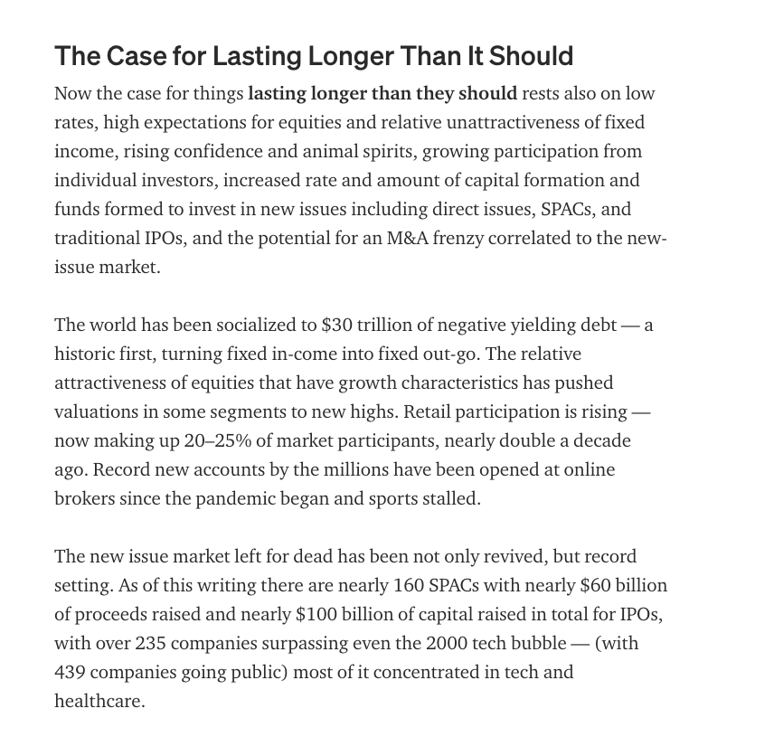 16/ EXCERPT:"The Case for it Lasting Longer than it SHOULD.."...rests also on low rates, high expectations for equities and relative unattractiveness of fixed income, rising confidence and animal spirits, growing participation from individual investors...