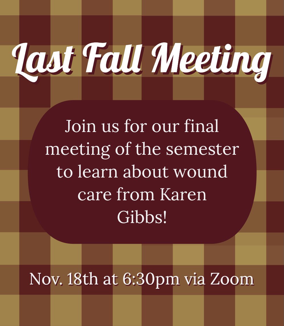txstatePPTO's tweet photo. We hope to see everyone this Wednesday for our last meeting of the semester! 

Karen Gibbs, is a certified wound specialist w/ active clinical practice in wound management. We are super excited to be ending the semester with her as our speaker! https://t.co/JZLjnFJwcM