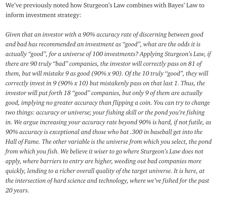 23/ Combine Sturgeon's Law + Bayes Theorem...And it informs where you ought to look as an investor.