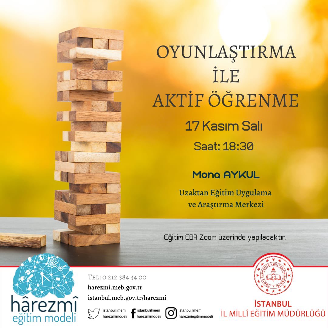 Harezmi Eğitim Modeli öğretmenlerimize yönelik Oyunlaştırma ile Aktif Öğrenme konulu eğitimimiz 17 Kasım salı günü online olarak gerçekleştirilecektir 🍀
<a href="/istanbulilmem/">İstanbul İl Millî Eğitim Müdürlüğü</a> 
<a href="/memleventyazici/">Levent Yazıcı</a>