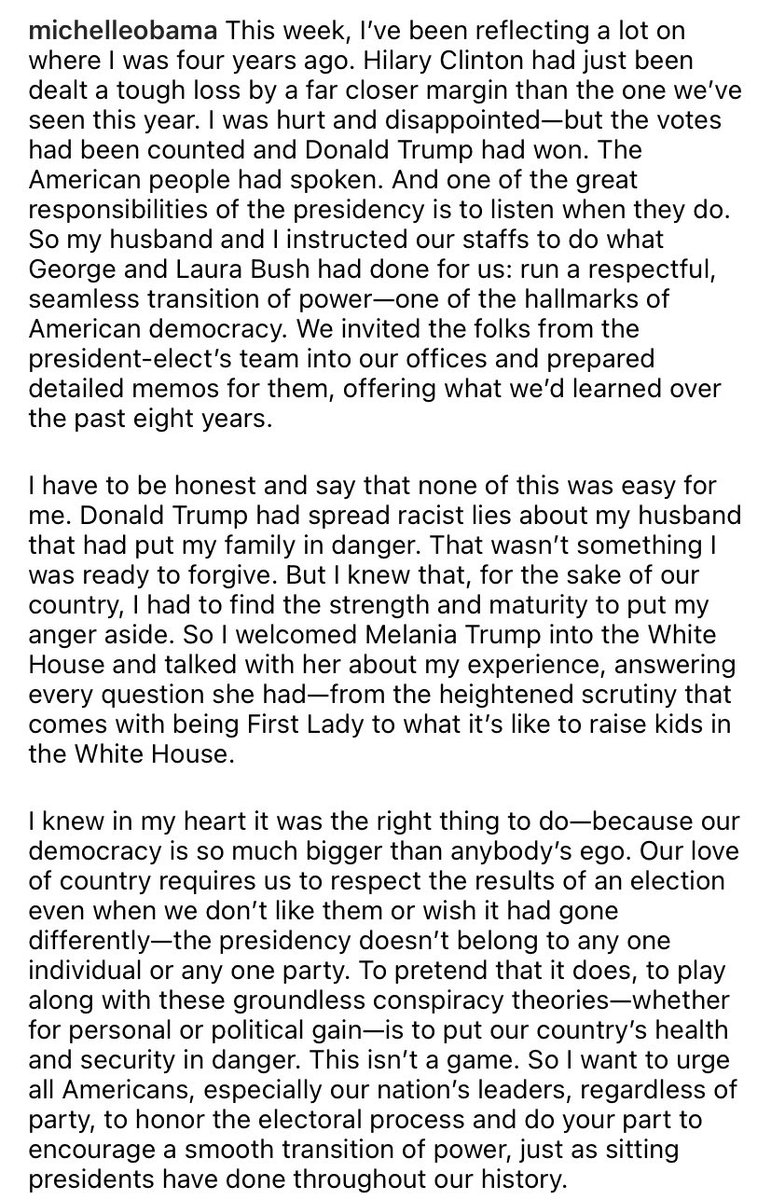 kylegriffin1's tweet photo. Michelle Obama: "This isn't a game. So I want to urge all Americans, especially our nation's leaders, regardless of party, to honor the electoral process and do your part to encourage a smooth transition of power, just as sitting presidents have done throughout history." https://t.co/YsNXsRMD27