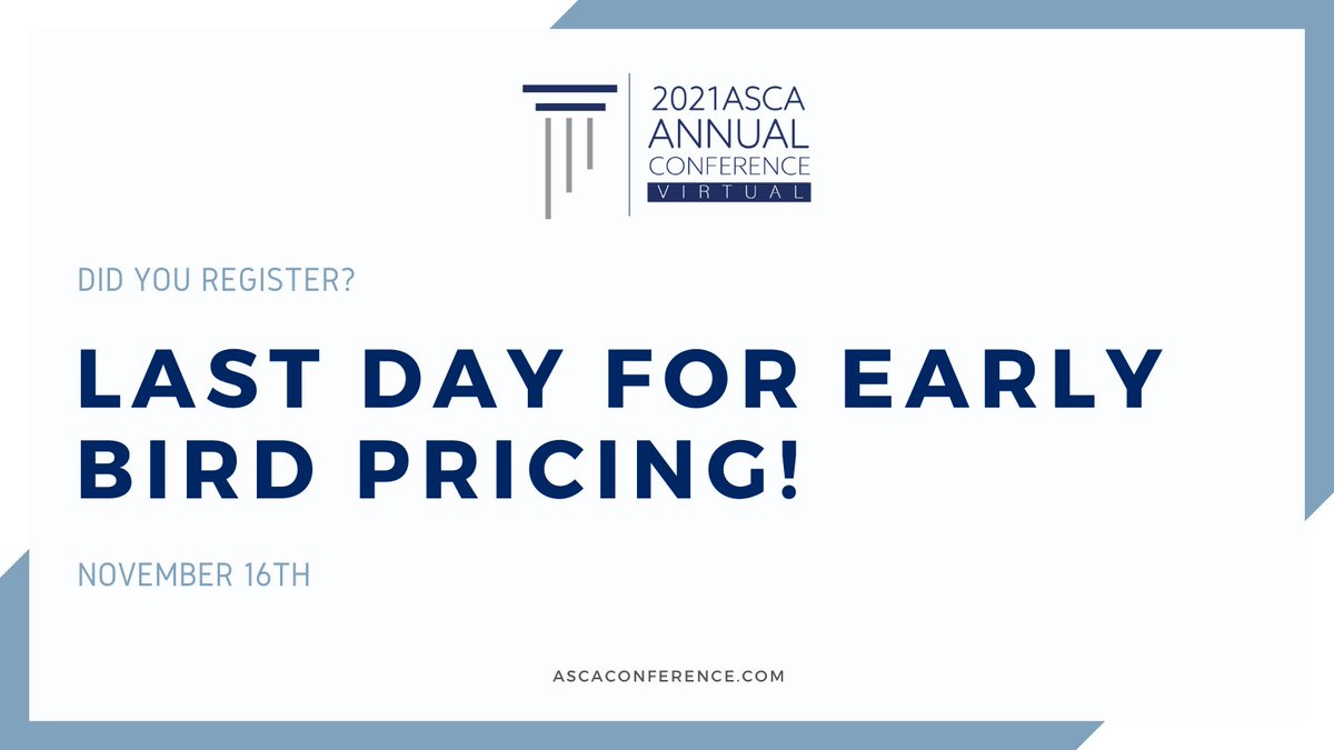 TODAY is the LAST DAY to register for the 2021 ASCA Annual Conference with the early bird rate! Go register NOW!

Register⬇️
theasca.org/ev_calendar_da…

#ASCA21isVirtual #ASCAOffice #WeAreASCA #StudentConduct #StudentAffairs #HigherEd #SAPro #SAGrad #GetInvolved