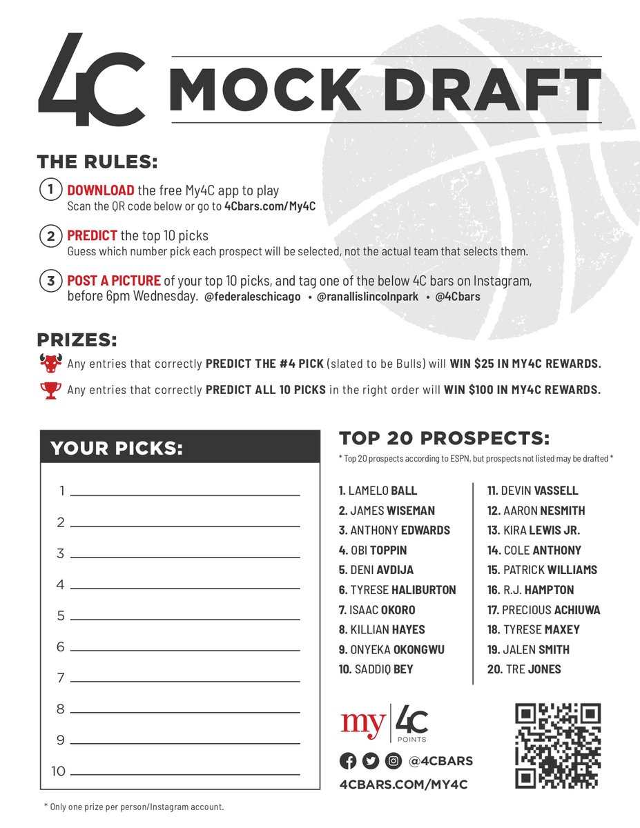 Who wants to win some My4C 💰?!  The NBA draft is on Wednesday, so let's have some fun! 🏀 When you order carryout or delivery at <a href="/RanallisLP/">Ranalli's</a> or <a href="/FederalesChi/">Federales</a>  tonight and tomorrow, we will have these stapled to your bag. Follow the instructions for your chance to win!🤑