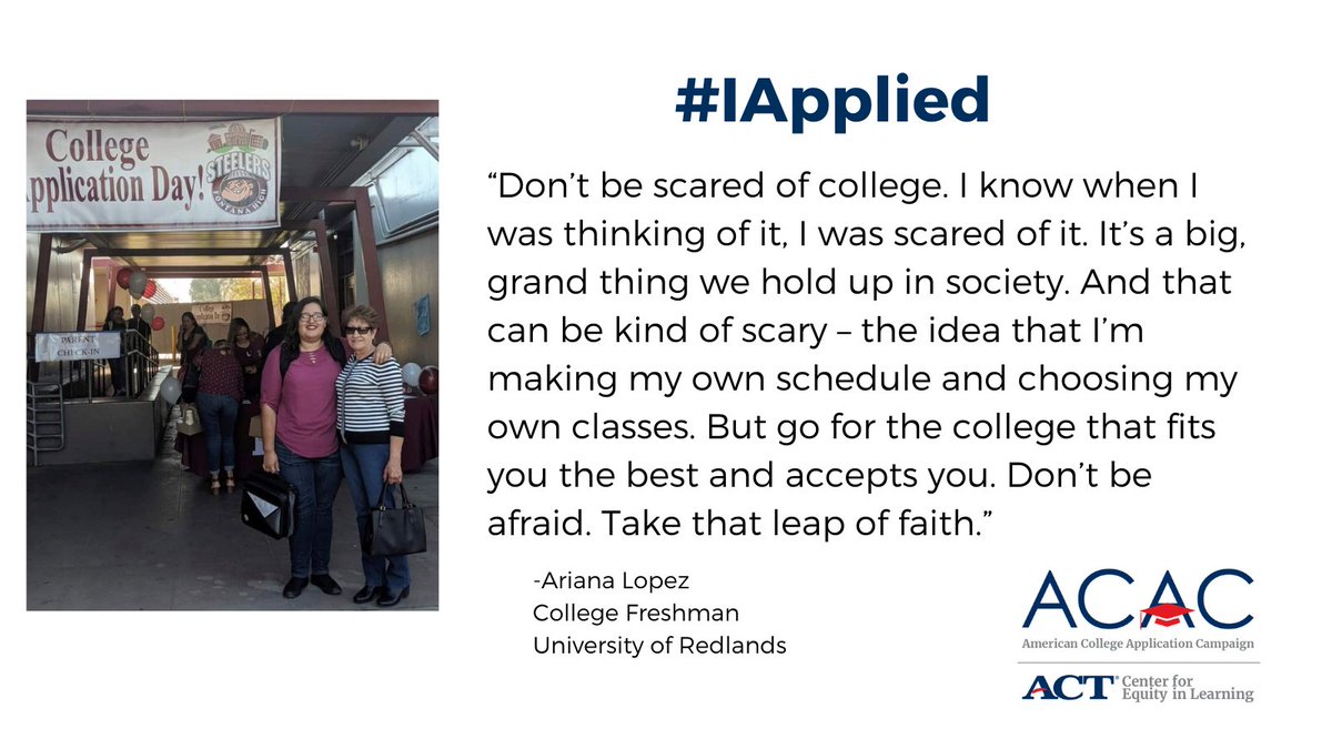 American_CAC's tweet photo. College freshman, Ariana Lopez, is making her dreams come true at @UofRedlands. She turned her #WhyApply into #IApplied through her school @American_CAC campaign and @AVID4College program. Without them, she may not have found the time. Read more here: https://t.co/Cyscb2oYzu https://t.co/mMX5QheraL