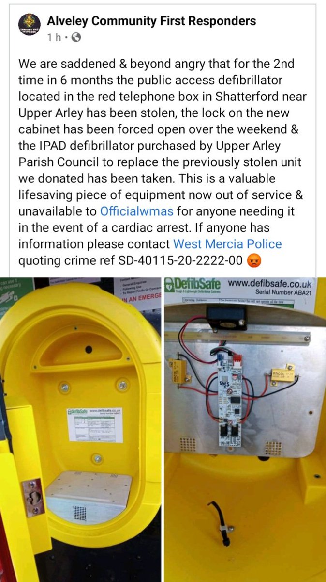 alveleycfr's tweet photo. Annoyed &amp; upset that for the 2nd time in 6 months the public access defibrillator in #Shatterford has been stolen putting it out of action for @OFFICIALWMAS to direct people to in an emergency. If you have any information please contact @WMerciaPolice 😡 https://t.co/8DSkK5gzMc