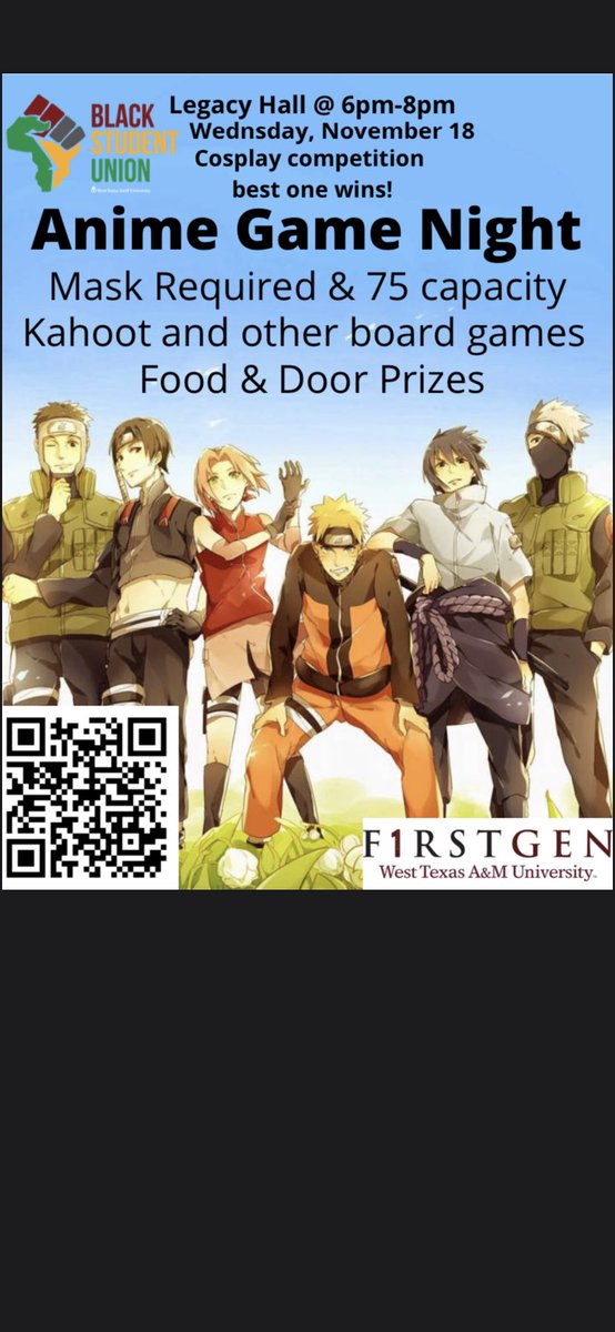 wtamu_bsu's tweet photo. Come out to Anime game night this Wednesday at legacy hall. RVSP by Scanning the QR code https://t.co/pGt81rUPt2