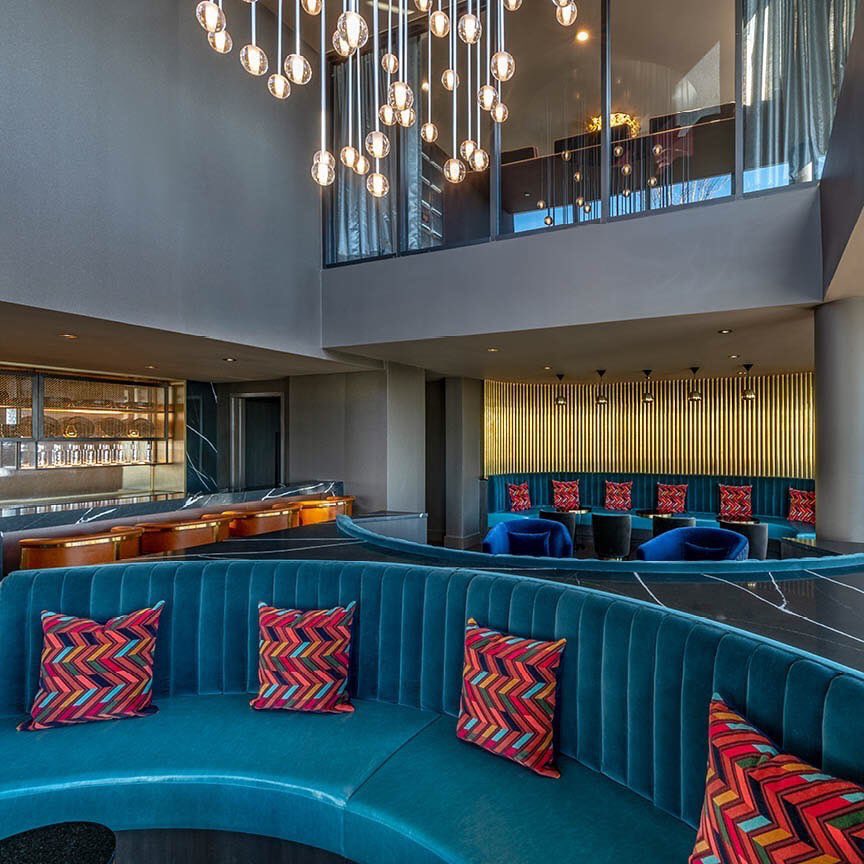 Bold and blue with <a href="/VStarrInteriors/">V Starr Interiors</a>. #repost 
The penthouse level at multi-family property <a href="/1205Collection/">1205 Collection</a> by JBG Smith.  View of the main bar space highlighting the custom baseball inspired chandelier by @yellowgoatdesign &amp; catching a glimpse of the mezzanine level lounge above.
