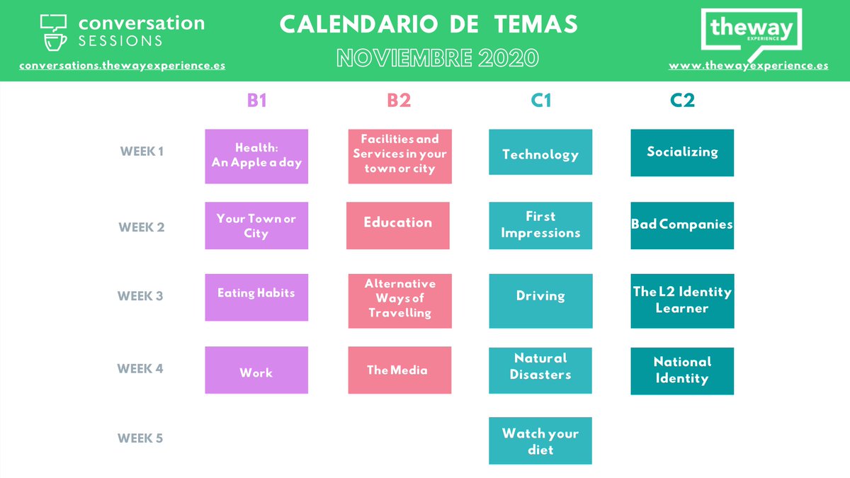 thewayexperien's tweet photo. Aquí tenéis el Calendario de Temas para el mes de noviembre de todos los niveles.

#ConversationSessionsOnline #TheWayExperience https://t.co/U4xdZyCDkR