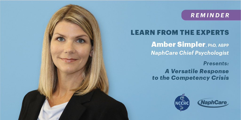 NaphCareInc's tweet photo. Don't miss out on this free #webinar hosted by @NCCHC tomorrow at 1 PM CST feat. our Chief Psychologist Amber Simpler PhD, ABPP, addressing solutions for #competencyrestoration treatment in jails. Link below to register:
https://t.co/UaNRAdNeuG
#CEU https://t.co/HHDTebTDhU