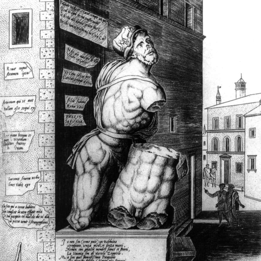 5 of the Speaking statues are ancient - the most famous is a Roman copy of a famous Greek work known as 'Pasquino.' It was excavated in 1501 during the construction of the Palazzo Braschi & placed in its current position by Cardinal Oliviero Carafa. Here it is in 1525 vs 2018