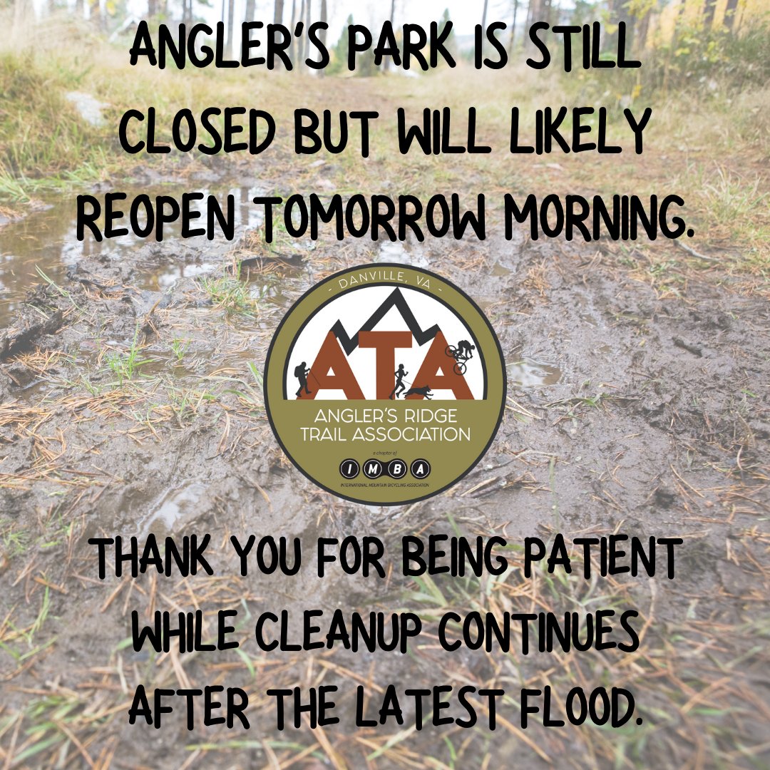 AnglersRidgeTrl's tweet photo. Angler's Park still closed.  It will likely reopen tomorrow morning (Tuesday, November 17) after cleanup is complete.  If the park is closed, the trails are closed. #playdanvilleva #mtb #mtblife #trailrunner #trailhiker #singletrack #playdanvilleva #lovewhereyoulive https://t.co/0xb5MurFlm
