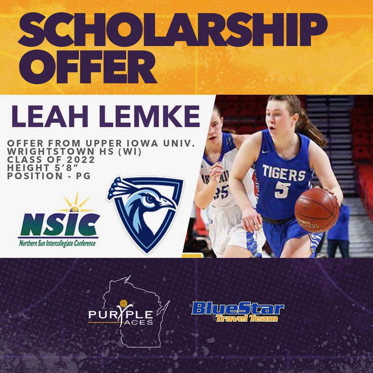 ⭐️Leah Lemke
⛹🏼‍♀️ 2022 5’8 PG 
🏫Wrightstown HS

Earned a scholarship offer from HC Nate Oakland and the NCAA DII Upper Iowa University Peacocks‼️

💜♠️ #AcesEarnIt #wisgb 

🆔<a href="/leahlemke7/">Leah Lemke</a> @UIU_WBBall <a href="/nateoakland/">Nate Oakland</a> <a href="/NorthernSunConf/">NSIC</a>