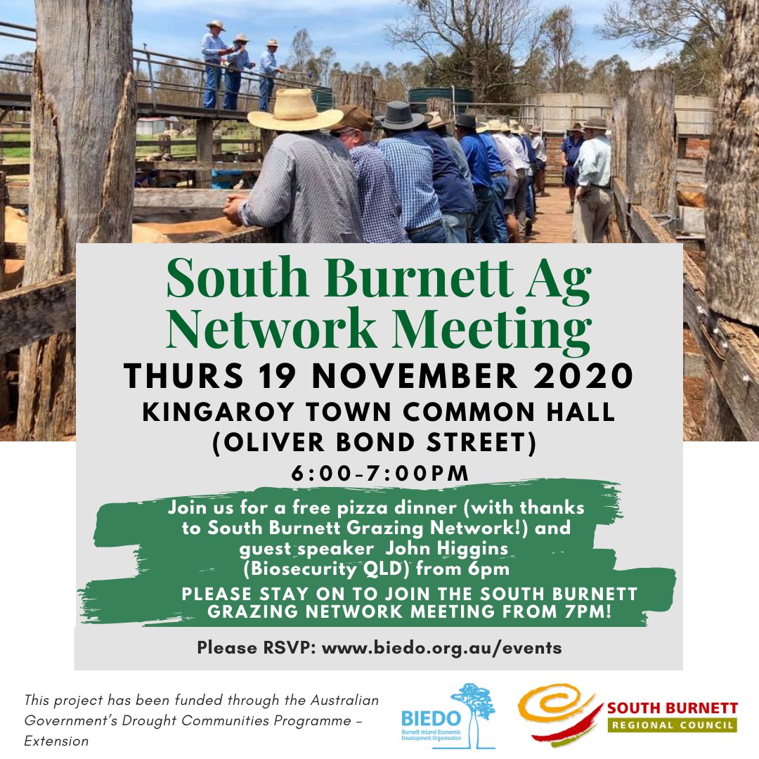Hooray! We're teaming up with the South Burnett Grazing Network with an Ag Network meeting 6pm this Thursday! Free pizza dinner, guest speaker John Higgins (Biosecurity QLD) and stay on for the South Burnett Grazing Network meeting from 7pm! RSVP here ➡️ biedo.org.au/events