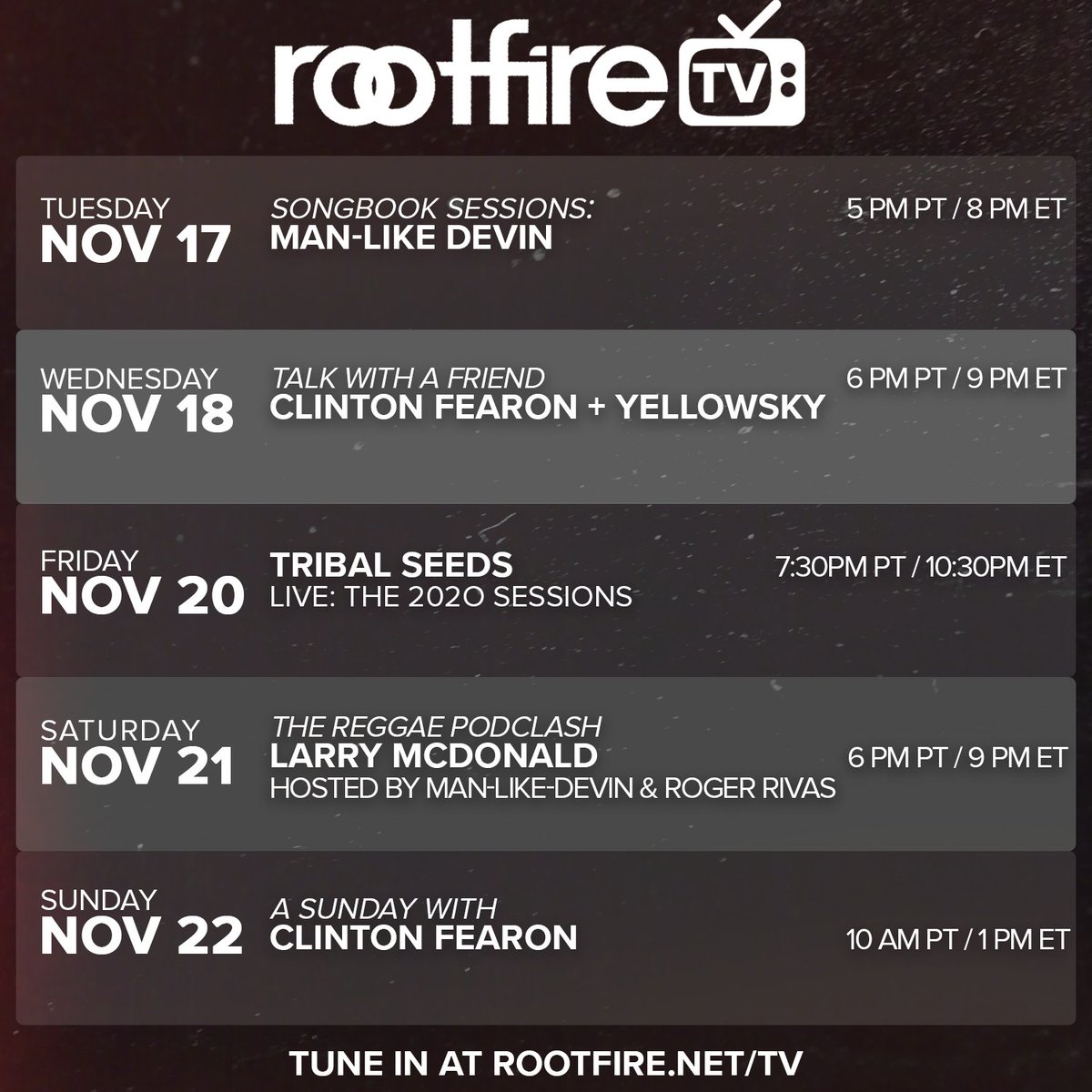 Rootfire_Intl's tweet photo. Tune into #RootfireTV this week for live sessions and Q&As with your favorite artists and industry leaders! This week features @TribalSeeds, @clintonfearon, Larry McDonald and more > https://t.co/gQj1DojGKd https://t.co/NyJFyYdTKK