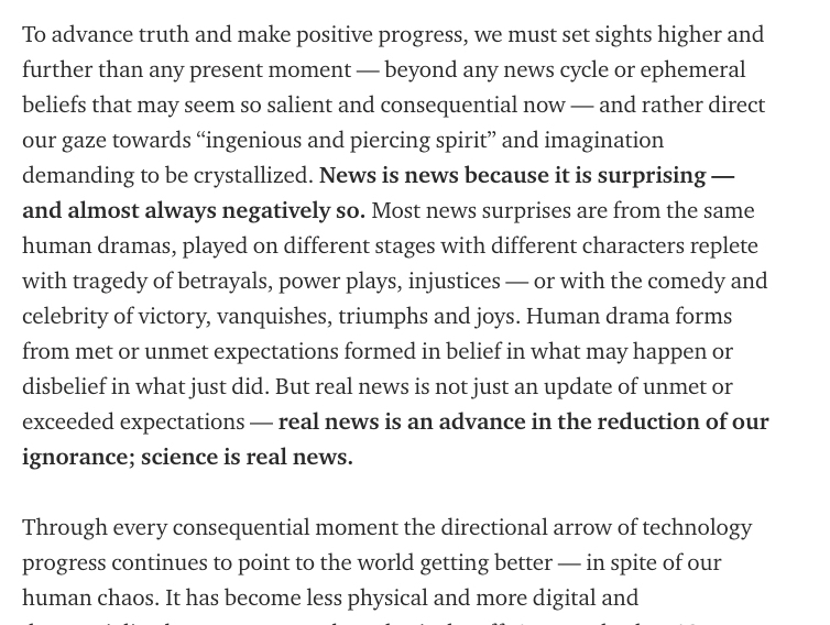 31/ Human drama forms from met or unmet expectations formed in belief in what may happen or disbelief in what just did. But REAL news is not just an update of unmet or exceeded expectations — REAL news is an advance in the reduction of our ignorance; SCIENCE is REAL news...