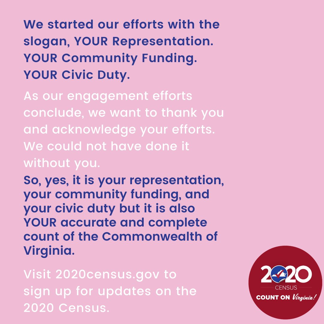Thank you, Virginia. The #2020Census enumeration is now complete and we could not have done it without you. We want to thank you for helping shape your communities for the next ten years -- and for showing that we can #CountOnVirginia.