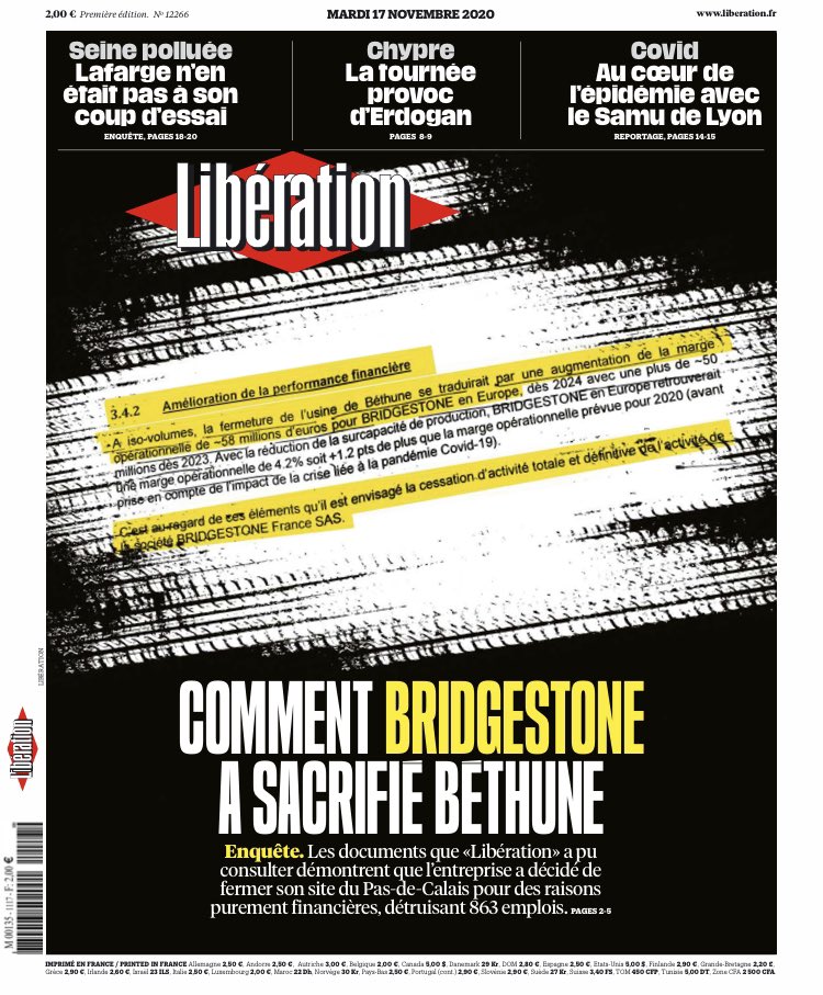 Ce soir dans <a href="/libe/">Libération</a> révélations de <a href="/jlefilliatre/">Jérôme Lefilliâtre</a> sur comment le géant japonais #Bridgestone a organisé la faillite de son site français de #Bethune