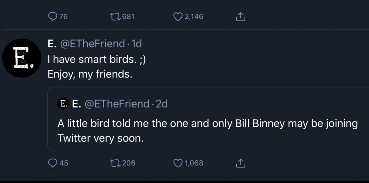 So, just to drive this point home. Here is E absolutely drooling all over himself to prove that he is Bill Binney’s very best friend on the internet.E previews Binney’s arrival, takes credit, and E is Binney’s first follow: