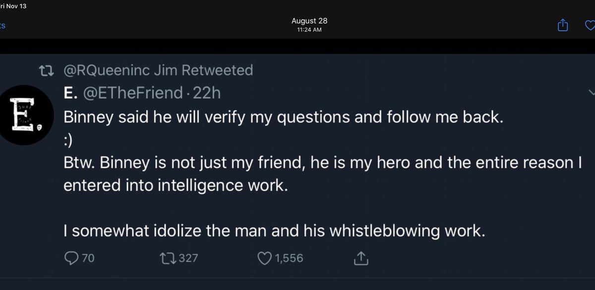 So, just to drive this point home. Here is E absolutely drooling all over himself to prove that he is Bill Binney’s very best friend on the internet.E previews Binney’s arrival, takes credit, and E is Binney’s first follow: