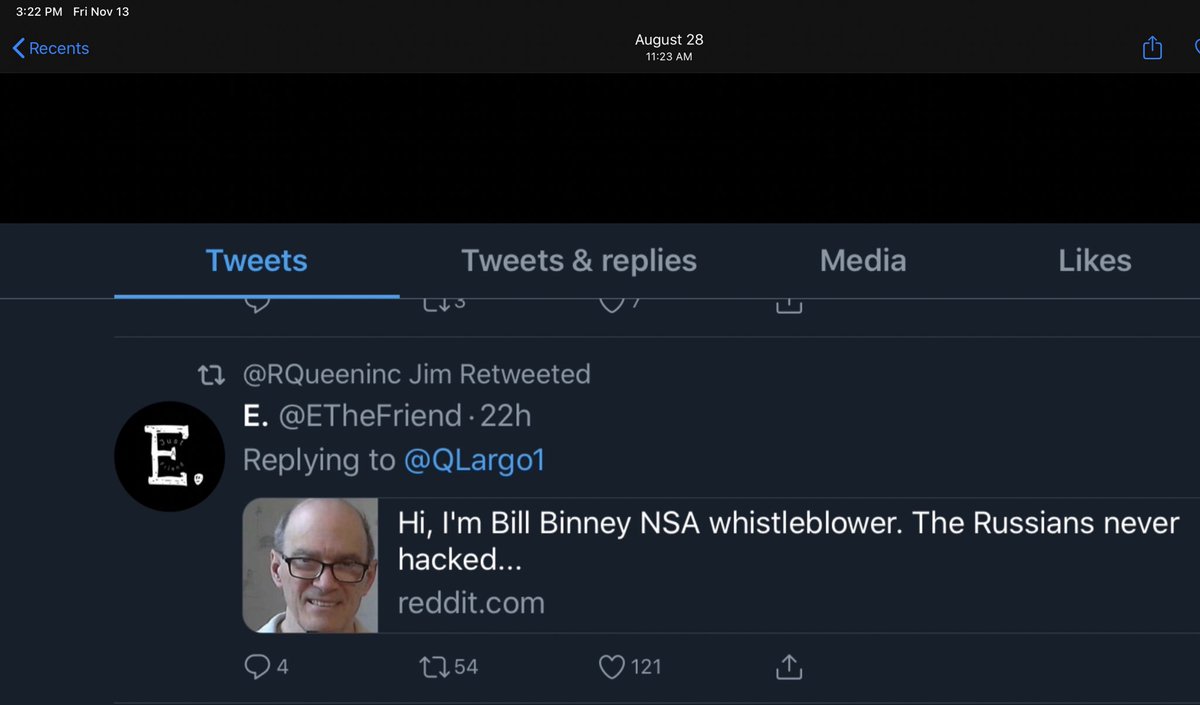 So, just to drive this point home. Here is E absolutely drooling all over himself to prove that he is Bill Binney’s very best friend on the internet.E previews Binney’s arrival, takes credit, and E is Binney’s first follow: