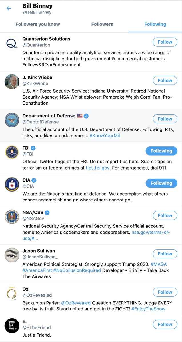 So, just to drive this point home. Here is E absolutely drooling all over himself to prove that he is Bill Binney’s very best friend on the internet.E previews Binney’s arrival, takes credit, and E is Binney’s first follow: