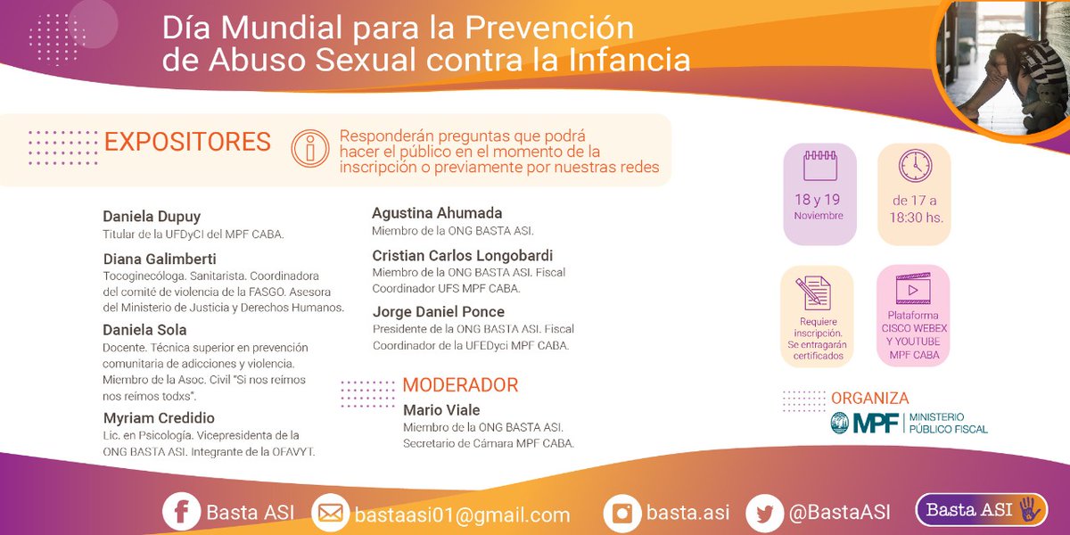 BastaASI's tweet photo. DIA MUNDIAL PARA LA PREVENCIÓN DEL ASI
#GritoGlobalContraElAbusoSexual
#YoSiTeCreo
#MPFCABA
🔹Los expositores contestarán preguntas del público que podrán hacer de manera anticipada en el formulario de inscripción en el siguiente link: https://t.co/cF4wwQqiTC https://t.co/ykb9veS12V