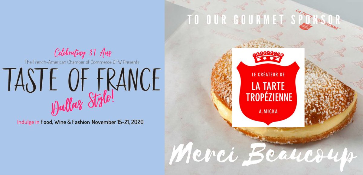 FACCdfw's tweet photo. {11.15.2020 Taste of France} We are excited to announce the support of La Tarte Tropézienne as a “Gourmet" sponsor to help us celebrate the wines &amp; gourmet traditions of Taste of France, Dallas Style!

Un grand merci à La Tarte Tropézienne! Visit our page: https://t.co/Vjtrpl74Hf https://t.co/CceLwepTDZ