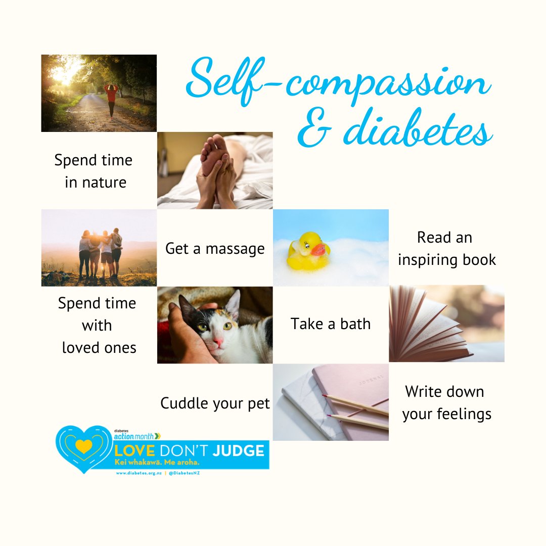 Research shows that those with diabetes who practice self-compassion have significant reductions in diabetes distress &amp; a decrease in HbA1c.  ow.ly/LxZq50CihvD

Taking time for self-care helps to manage your diabetes &amp; is beneficial to your overall health &amp; wellbeing.