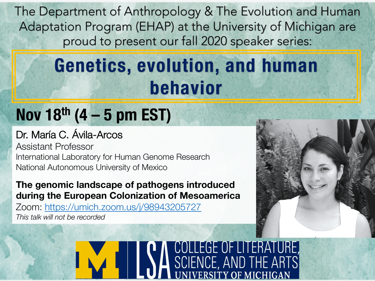 UmEhap's tweet photo. We are excited to introduce this week’s #EHAP speaker @paleogenomics. Dr. María C. Ávila-Arcos is an Assistant Professor at the National Autonomous University of Mexico. #phdchat #womeninSTEM #bioanthtwitter #virtualseminarseries #AcademicChatter https://t.co/QqoUlSAQTZ