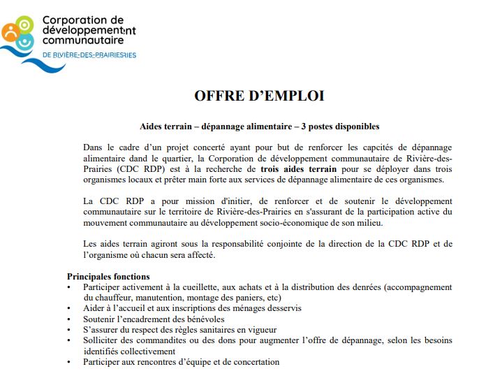CJERDP's tweet photo. Dans le cadre d’un projet concerté ayant pour but de renforcer les capcités de dépannage alimentaire dand le quartier, la Corporation de développement communautaire de Rivière-desPrairies (CDC RDP) est à la recherche de trois aides terrain pour se déployer dans trois organismes https://t.co/wjwmnvlKvC