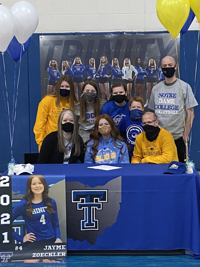 TrinityHSSports's tweet photo. Congratulations @Jayme_Zoeckler ‘21 who signed her National Letter of Intent today to play @NDCVolleyball! Coach @SDezzutti and Trojan Nation are so proud of you Jayme and @CoachHinkle you got a great one! #FFL #FalconFlock @NDCFalcons @NotreDameOhio @MarciZeckcrew https://t.co/X0oxhsX8iS