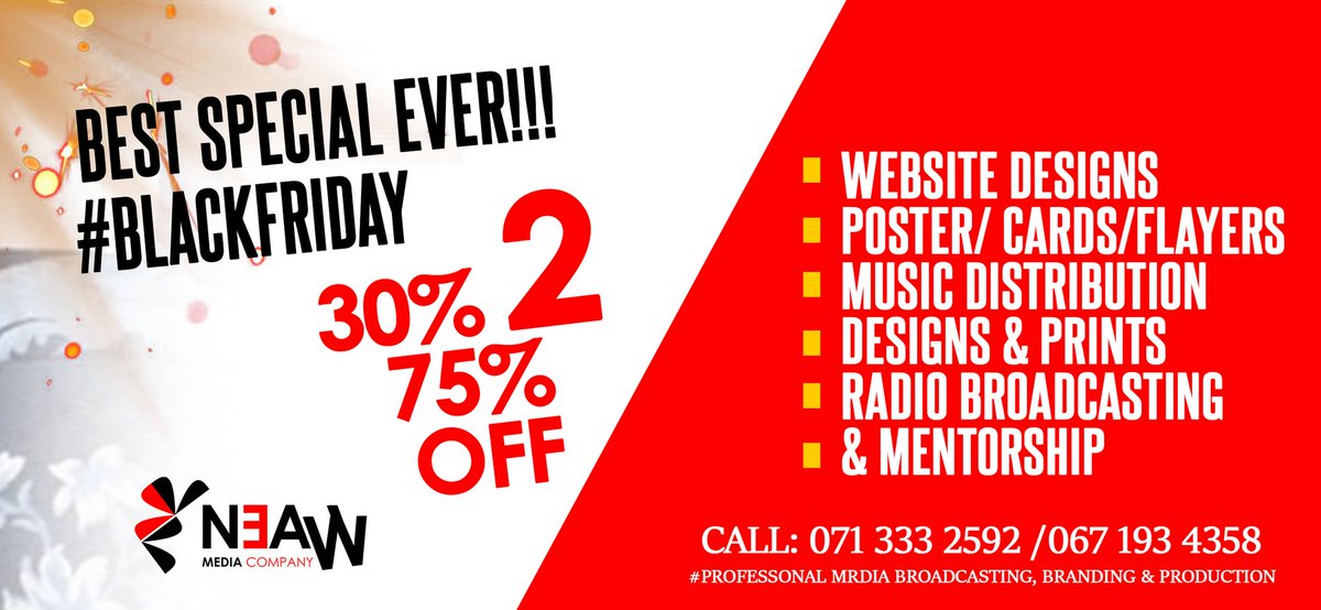 eantouchradio's tweet photo. Get your best offer today #blackfridaysales get it now and save forever #save 30% Up to 75% Off. #FreeBhancela 

Website Designs
Poster/Cards/Flayers
Music Distribution 
Designs &amp; Prints
Radio Broadcasting

Call/WhatsApp Now 0713332592/0671934358
#SkeemSaam
#BushiriEscape https://t.co/GACJNkTFip