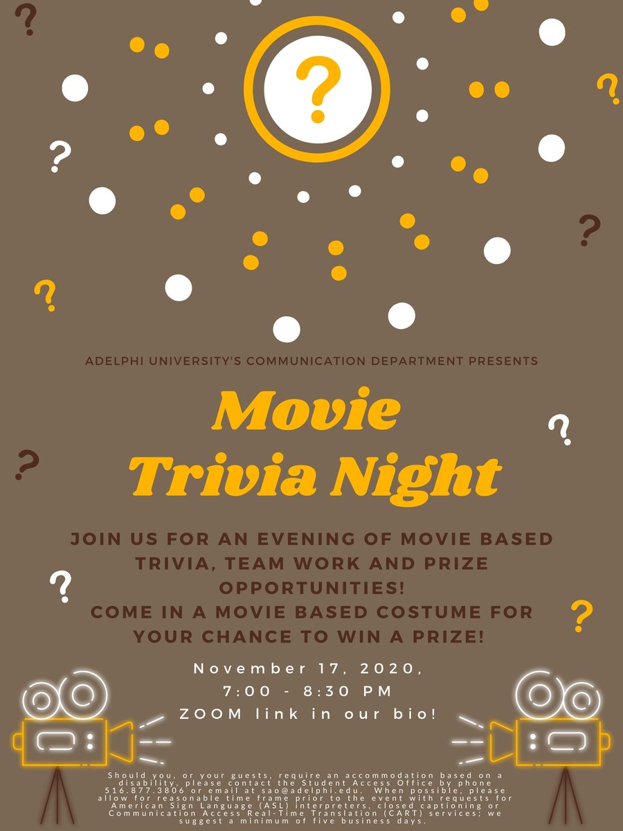 AUCommDept's tweet photo. We are hosting two virtual events this week: Movie Trivia Night and our 7th Annual Media Career Expo!  Check out the posters below for more info and join through the Zoom links in our bio.  We can't wait to see you there! https://t.co/87BRtaGzHw
