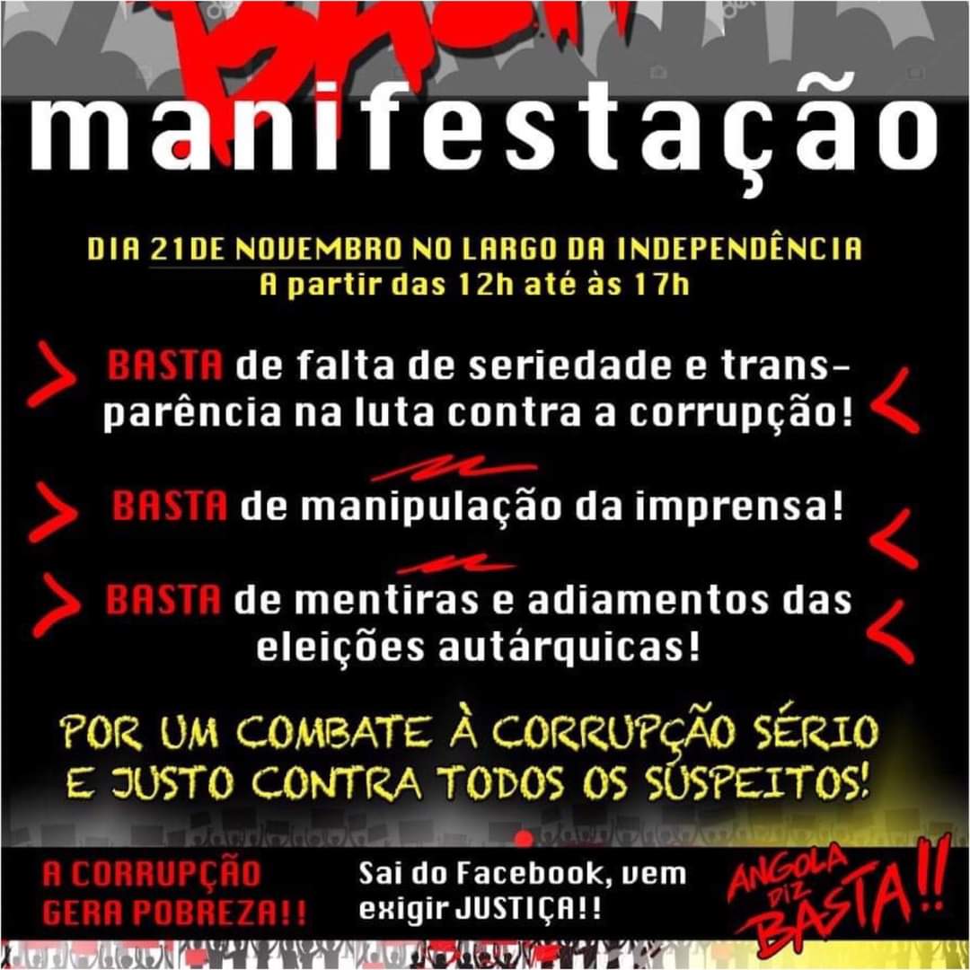 xe_agora's tweet photo. Anunciada nova manifestação em Luanda para sábado (21)!

Membros da sociedade civil angolana anunciaram hoje para o próximo sábado uma nova manifestação contra a corrupção e a impunidade.

«Angola Diz Basta!!!» Lê-se no cartaz divulgado pelos promotores do protesto, Laura Macedo https://t.co/CNYGmpEDZ4