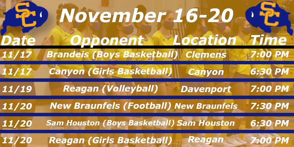 Week before thanksgiving!!
<a href="/samuelclemensvb/">Clemens Volleyball</a> begins round one of the playoffs from Davenport. Then Tuesday and Friday <a href="/scladybuffhoops/">Samuel Clemens Girls Basketball</a> <a href="/ClemensBball/">Clemens Boys Bball</a> continue preseason play. And finally this Friday <a href="/ClemensBuffsFB/">Clemens Football</a> travels to New Braunfels to take on the Unicorns. Go Buffs!!