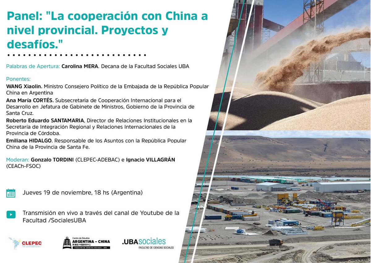 🗣 “LA COOPERACIÓN CON CHINA A NIVEL PROVINCIAL. PROYECTOS Y DESAFÍOS”

Lxs invitamos al panel organizado por <a href="/clepecrpc/">CLEPEC</a> y el Centro de Estudios Argentina-China de #FSOC #UBA. Apertura de la decana Carolina Mera 

📌 Jueves 19/11 - 18hs 

Transmisión vía youtube.com/user/SocialesU…