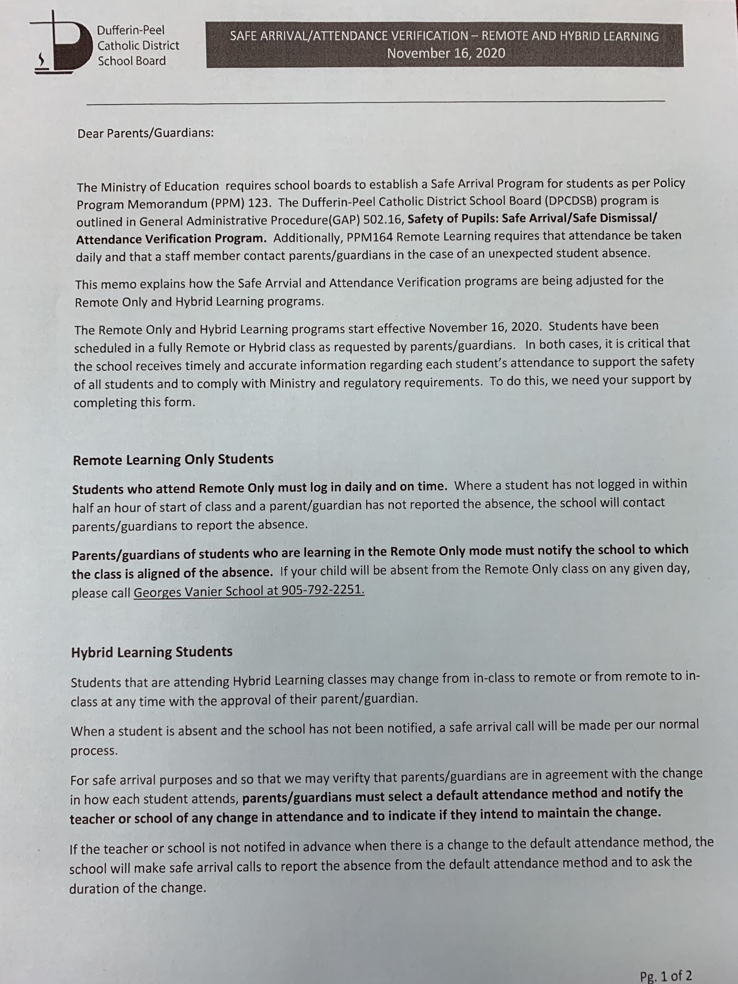GeorgesVanier DPCDSB on Twitter: "Vanier parents/guardians: an important  letter is going home with all in-person hybrid learners regarding  attendance procedures. Please complete the information on page two and  return the form by