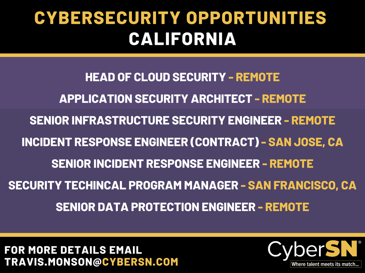 TravisM_CyberSN's tweet photo. Check out our latest roles based in California and 100% Remote Opportunities. 🌉 ⚠️ My team is setting up interviews directly with the hiring managers. 

If you are actively looking or just curious about what my team is seeing on the market, feel free to reach out!

#cyberjobs https://t.co/dqAMrrlSlD