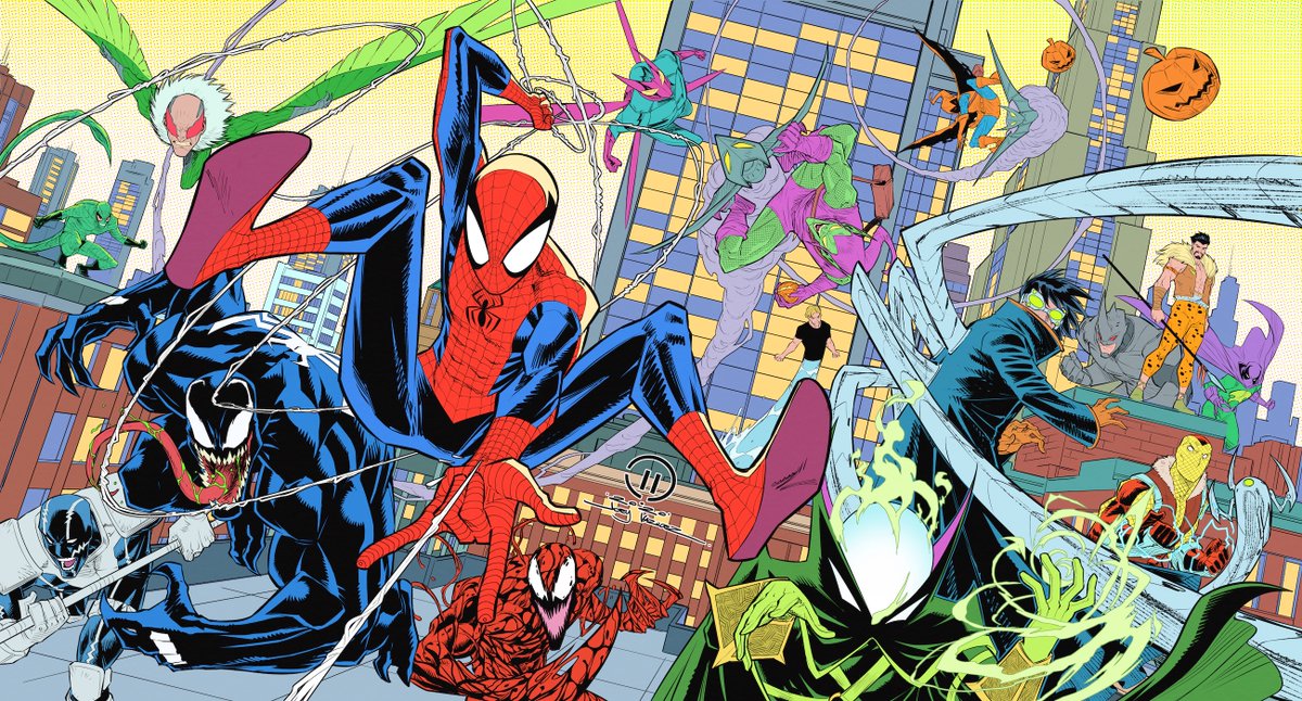 JoeyVazquezart's tweet image. Here's the full 90s Spidey piece finished. I wanted to make this first color pass more classic comics colors. Would be fun to see how other people color it. I'll see about making a high rez file available for other people who might want to color it. Hope you all like it!