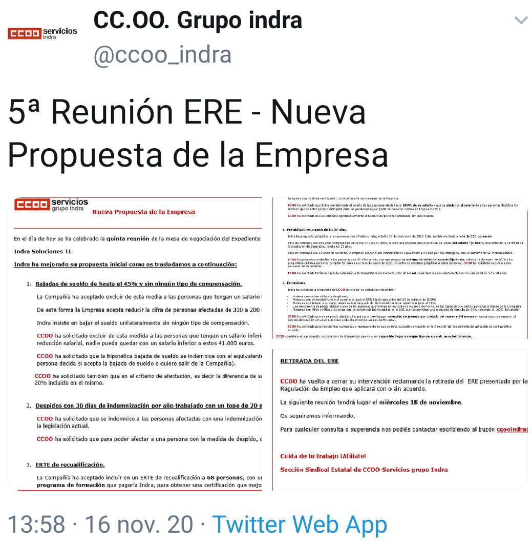Por qué no dejáis de meter miedo para justificar vuestra firma <a href="/ccoo_indra/">CC.OO. Grupo indra</a> 
#Indra nunca va a decir que retira el ERE 
Si ningún sindicato le firma veríamos si se atreve a meterse en juicio NO habiendo motivos como afirmáis todos = al ERTE k nadie firmó
#NoAlEREindra