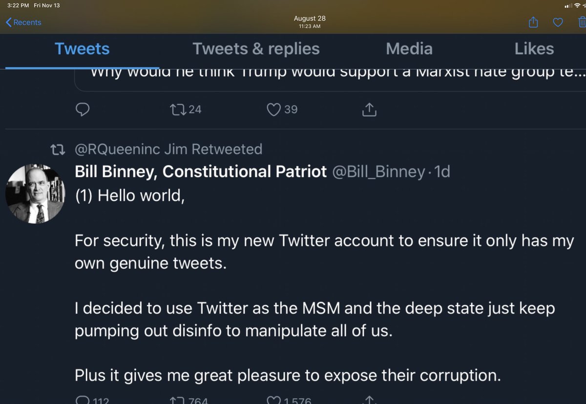 When Binney first tried to join, they turned on the bot followers so hard that Twitter suspended it. So much for the ex-Technical Director of the NSA. Anyway they brought the Great Powerful Oz  @JasonLSullivan_ in to fix it.   https://twitter.com/conspirator0/status/1299414451137974272